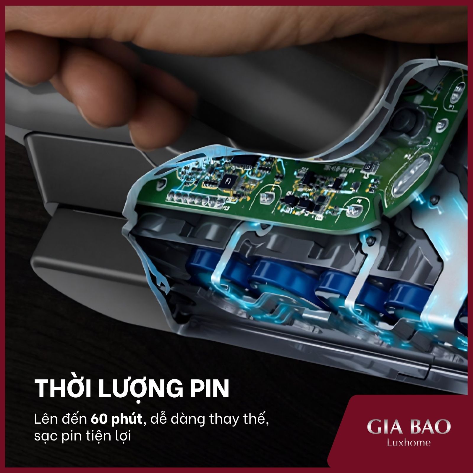 Thời lượng pin cao lên đến 60 phút Thời lượng pin lên đến 60 phút, dễ dàng thay thế