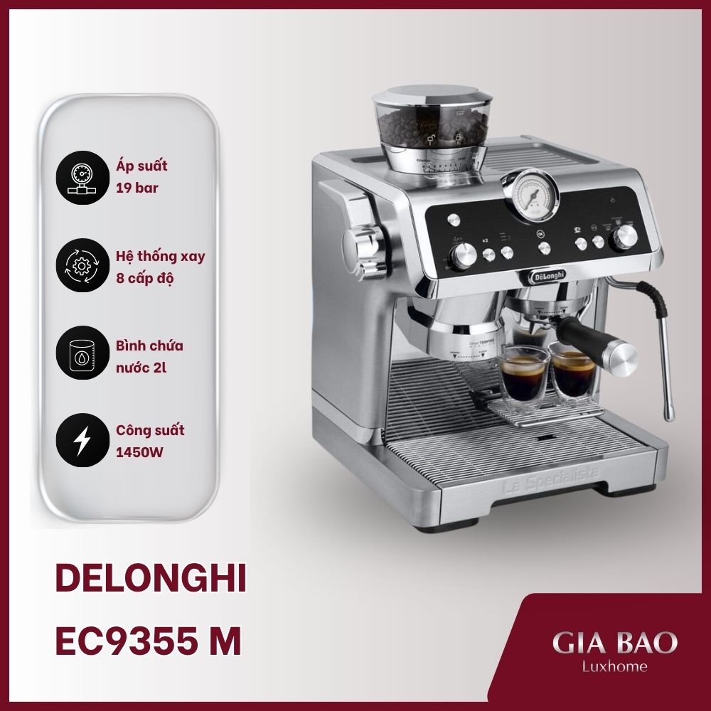 Model EC9355 M tích hợp công nghệ nén thông minh cho lớp crema dày mịn Máy pha cà phê Delonghi EC9355 M