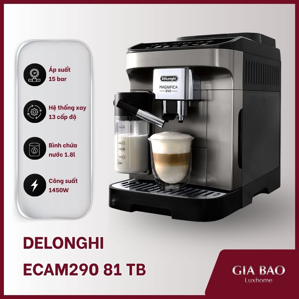 Mẫu ECAM290 81 TB sở hữu bảng điều khiển cảm ứng và hệ thống sữa tự động hiện đại Máy pha cà phê Delonghi ECAM290 81 TB