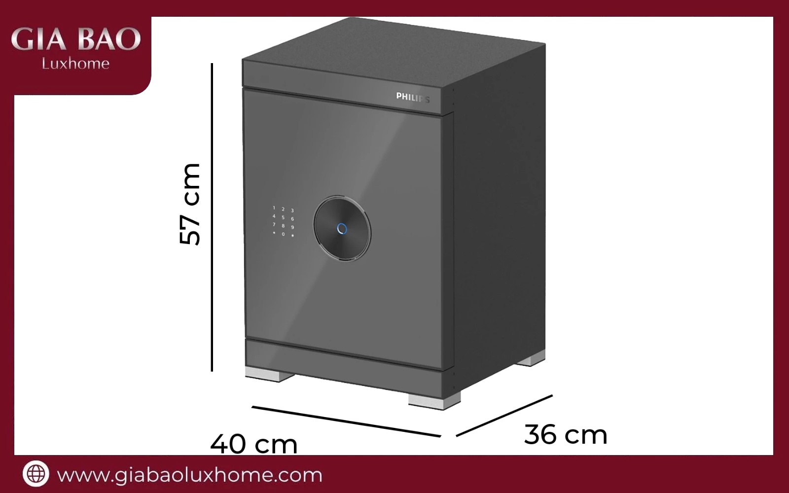 Bản vẽ kích thước két sắt Philips SBX602-5CU cao 57cm rộng 40cm sâu 36cm