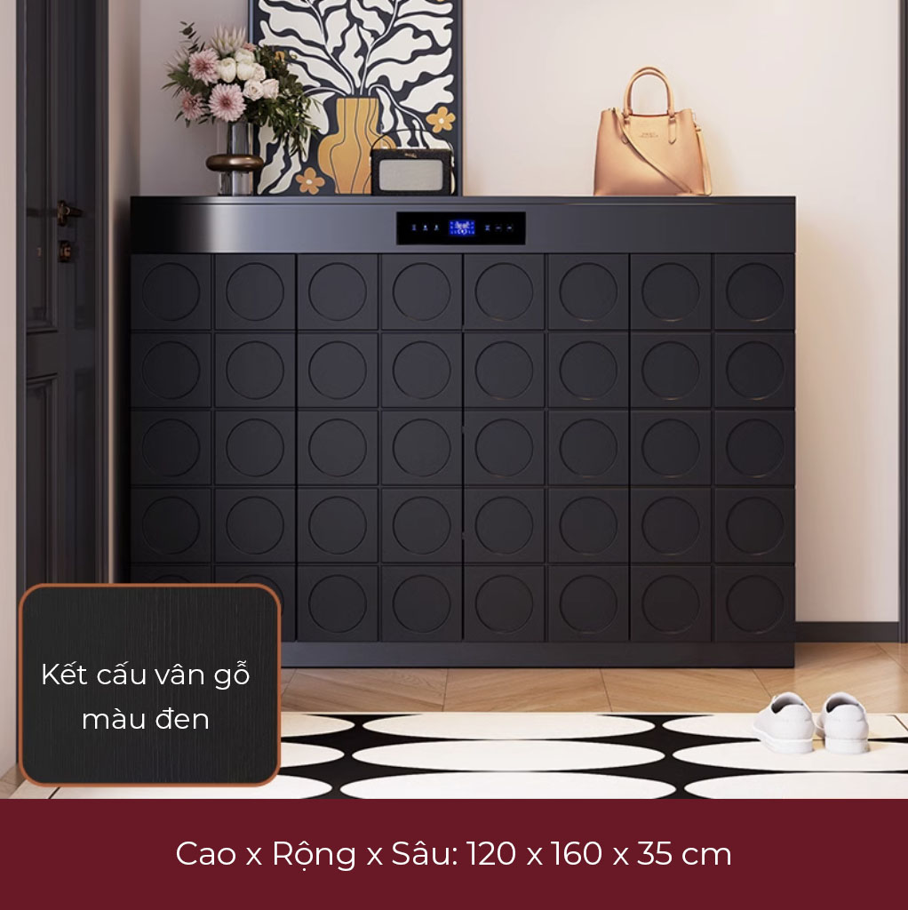 Tủ giày thông minh GB01 bề mặt vân gỗ màu đen đặt tại sảnh nhà