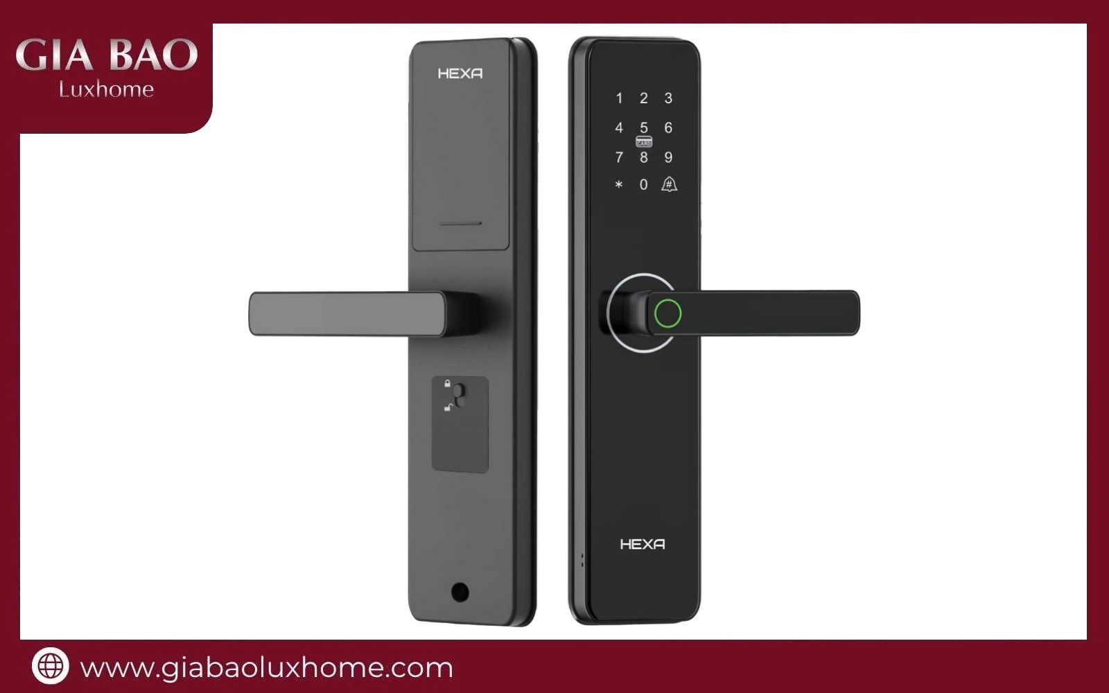 Khóa cửa thông minh Hexa HX12 nhìn từ mặt ngoài và mặt trong cánh cửa