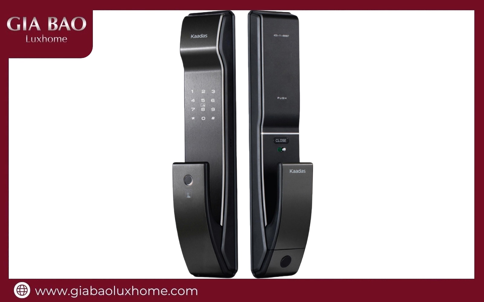 Khóa vân tay Kaadas K9-5W nhìn từ mặt ngoài và mặt trong cánh cửa