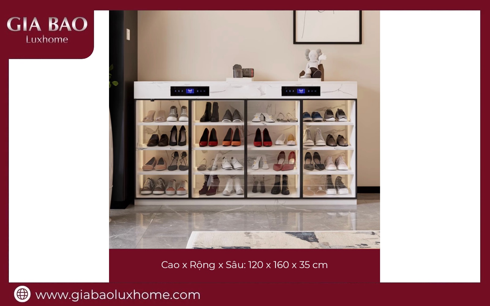 Tủ giày thông minh GB03 bản rộng 160cm cánh kính xếp nhiều tầng giày