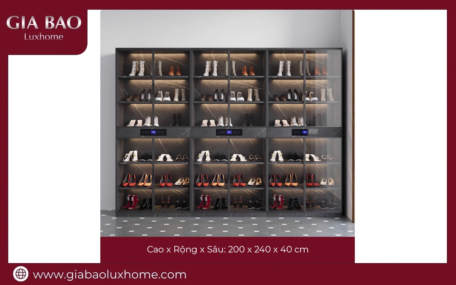 Tủ giày thông minh GB05 bản rộng 240cm xếp kín giày nhiều tầng